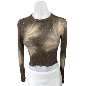 La Luxe Brown Tie Dye Galaxy Print Rib Knit Long Sleeve Crop Sweater Top Size S